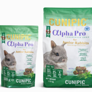 Pellet Cunipic Alpha Pro Junior Rabbits para conejos jóvenes, disponible en formatos de 500 g y 1,75 kg