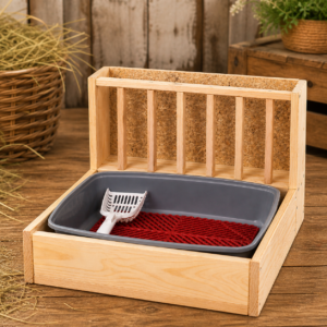 Henera de madera para conejos The Rabbit World con bandeja sanitaria gris, rejilla roja y pala, en ambiente rústico